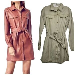 Idem ditto Utility Button Front Belted Mini Shirt Dress in Sage Size Small